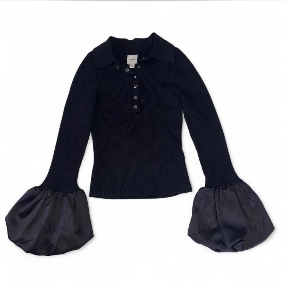 Maeve Anthropologie Ribbed Satin Cuff Polo Sweater Black Size XS